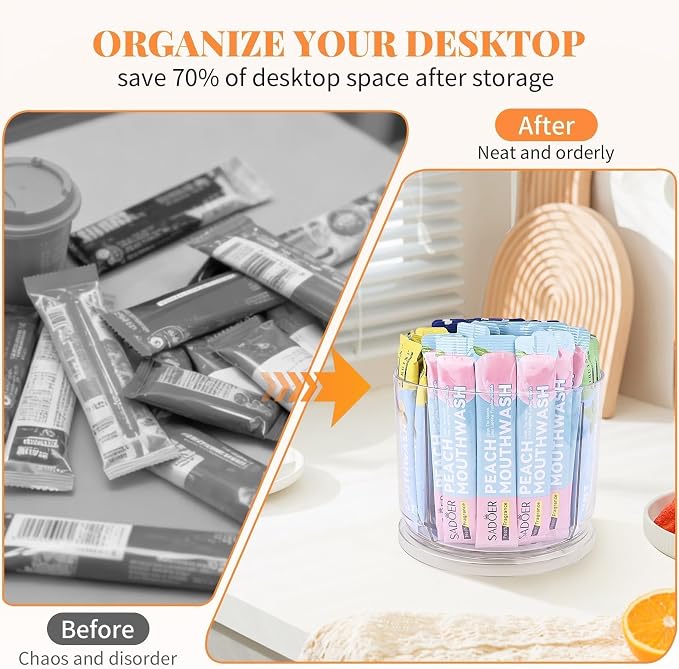 Drink Packet Organizer, 360° Spinning Lazy Susan for Pantry & Cabinet – Clear Acrylic Rotating Drink Mix Holder with 5 Compartments for Drink Mix Packets, Flavor Sachets, Coffee & Tea Packets