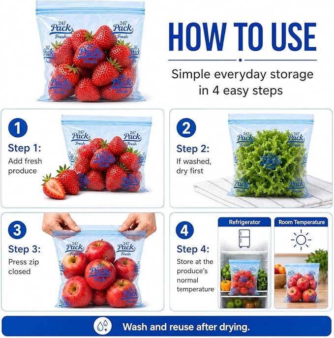 Freshpack 247 Reusable Produce Bags Size L 12 x 14 in, 1.5 Gallon 20 Pack Green Produce Bags for Fruits and Vegetables, Food Storage Bags With Zipper, Helps Keep Produce Fresh, Pantry Meal Prep