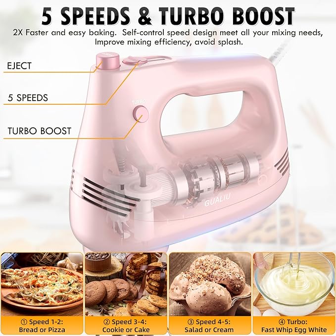 GUALIU Electric Hand Mixer, 304*(2* Beaters, 2* Dough Hooks), (1* Storage Bag) Handheld Mixer for Baking Cakes, Eggs, Cream Food Mixers, Turbo Boost /5 Speed Kitchen Blender PINK