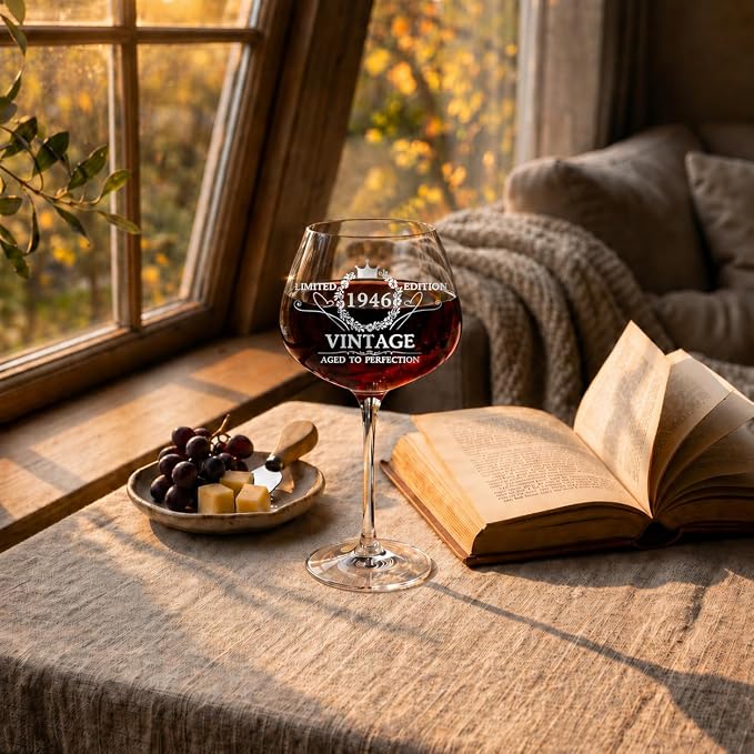 80th Birthday Gifts for Women, Vintage 1946 Engraved Wine Glass in Gift Box | Gift For Her Turning 80, Mom, Sister, Friend, Lightweight Thin-Rimmed Glass, Elegant Design, Birthday Decoration