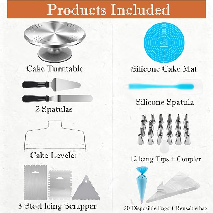 12 Inch Aluminium Rotating Cake Stand Turntable, Cake Decorating Kit Supplies with Icing Piping Tips, Frosting Spatulas, Pastry Bags, Scrapers and Other Cake Decorating Tools (85Pcs)