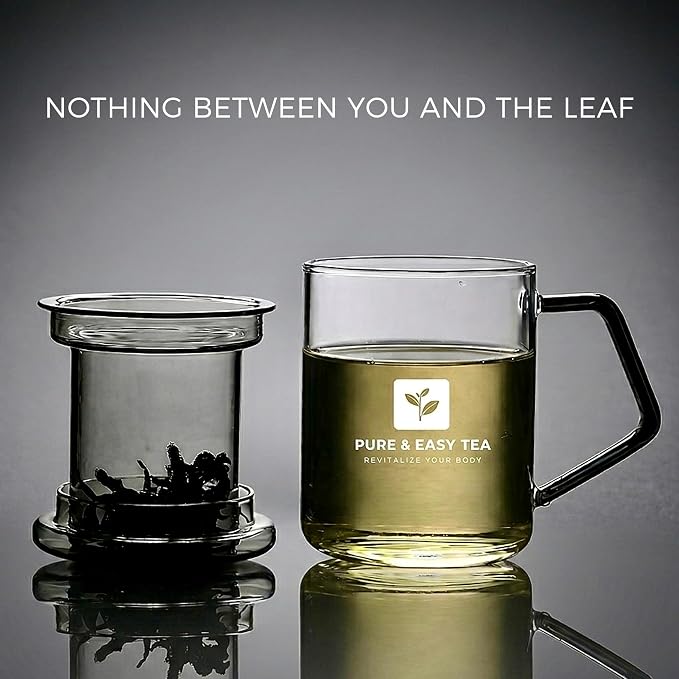 Pure And Easy Tea, Glass Tea Infuser Mug with Lid - Plastic-Free Borosilicate Steeping Cup for Loose Leaf Tea and Tisanes, 400 mL/13.5 oz