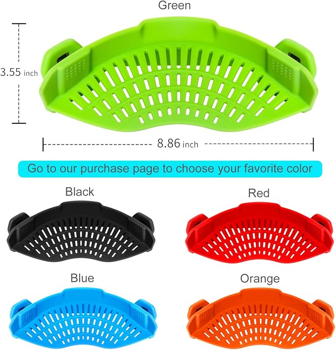 AUOON Clip On Strainer for Pots, Standard 8.86 x 3.55 in, Green | Food-grade Silicone, Fits Pots Pans Bowls, Dishwasher Safe, for Pasta Noodles Vegetable Fruits, Space-saving Kitchen Gadget