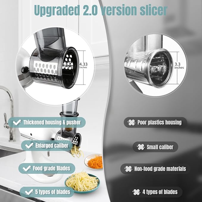 Stainless Steel Slicer Shredder Attachments for KitchenAid Mixers | Vegetable Shredder, Cheese Grater, Salad Maker, Food Slicers Chopper Grinding Powder Accessories, Detachable 5 Blades