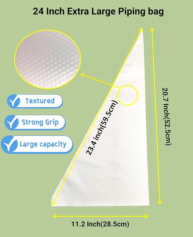 Extra Large Piping Bags 24 Inch,100 Pack Disposable Pastry Bag | Food-grade HDPE, 2L capacity, anti-burst film for thick froasting, textured grip, fits all tips and couplers