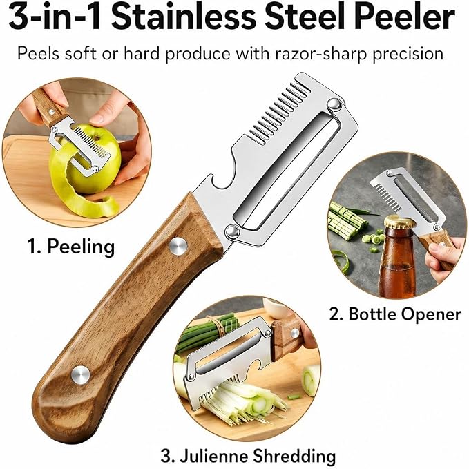 3-in-1 Vegetable Peeler, Julienne Shredder, Classic Dark Wood | Stainless steel 3-in-1 peeler with wood handle, bottle opener and natural loofah sponge for vegetables, scallions and prep.