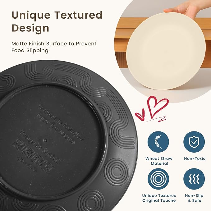 Wheat Straw Plates and Bowls Set, Lightweight & Unbreakable Dinnerware Set for Kitchen, Parties, Holidays, Microwave and Dishwasher Safe Dish Set - Plate Sets, Bowls, Cups, 24pcs (Grey Stone)