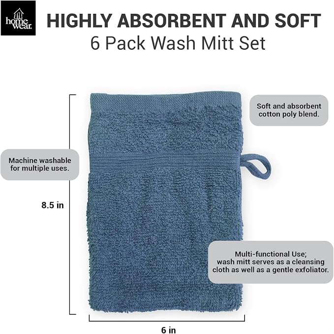 High Rise Stripe 6 Pack 6 x 8.5 Wash Mitt Set, Low Twist, Highly Absorbent, Gentle Hand and Face Cloth, European Style with Loop, Indigo