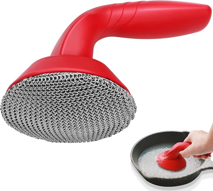 Cast Iron Cleaner Scrubber with Handle -Welded Chain Mail Cast Iron Cleaner | Large Round Cast Iron Brush,Dishwasher Safe, 316 Chainmail Sponge Scrub Cleaning Tool to Clean Skillet, Frying Pan, Wok, Oven