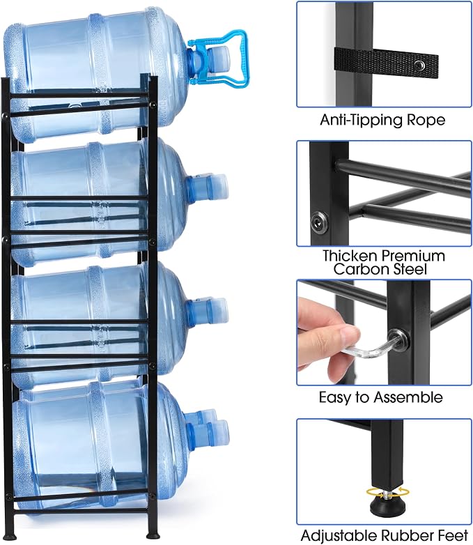 Klvied 5 Gal Heavy Duty Jug Rack, 8 Slot Double Row | Steel frame, built-in lifter, holds 8 bottles, for kitchen office gym garage