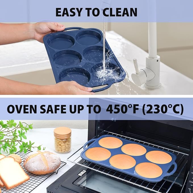 4 Inch Jumbo Silicone Muffin Top Pan with Frame Non Stick Egg Mold Baking | Silicone Egg Mold for Oven, Large Whoopie Pie Baking Pan with Handle for English Breakfast Sandwich Egg Bite Bun Tart Vnray