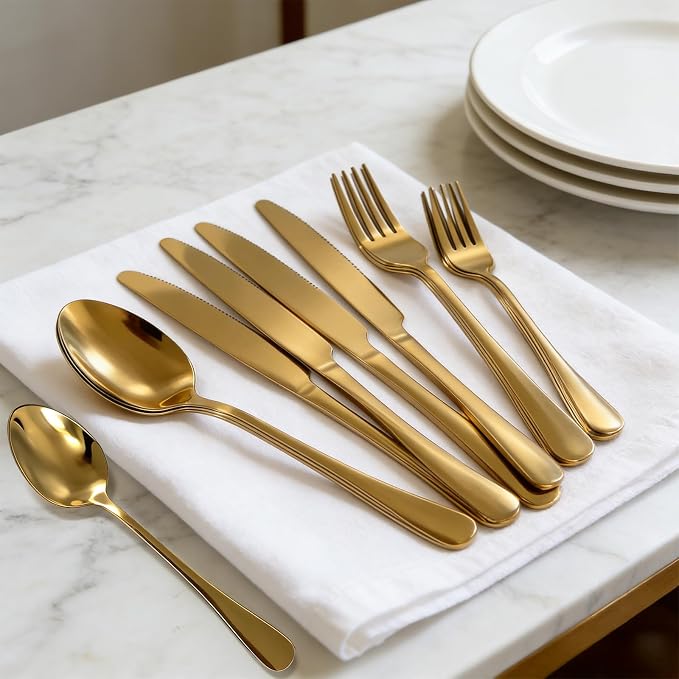 20 Piece Stainless Steel Flatware Set,Silverware Set for 4,include Forks,Knives,Spoons.Cutlery Utensil Set for Home,Kitchen,Party,Buffet,Banquet,Catering (Gold)