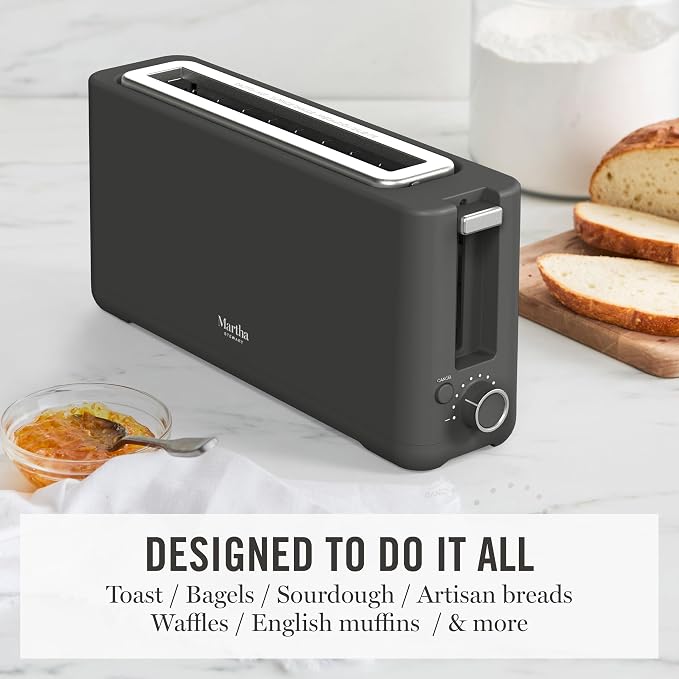Martha Stewart 2 Slice Long Slot Toaster, Extra Wide, Caviar Gray | 10 Shade Settings, 10” Wide Slot, Sourdough, Bagels, Artisan Bread & Waffles, Smart Centering, Removable Crumb Tray