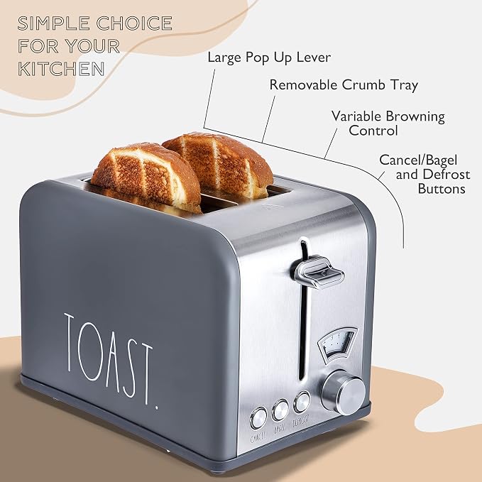 Rae Dunn Toaster, Stainless Steel 2 Slice Square Toaster, Wide Slot with 5 Browning Levels, with Bagel, Defrost and Cancel Options (Grey)