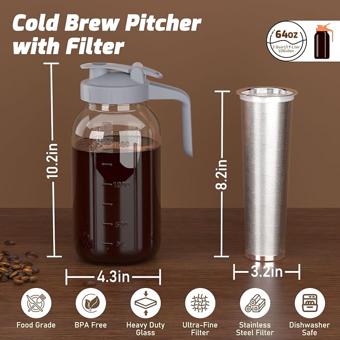 Cold Brew Coffee Maker, 64 oz Glass Mason Jar Pitcher | 100μm stainless steel filter, wide mouth design, leak-proof lid with handle, pour spout for iced coffee, tea and cold drinks