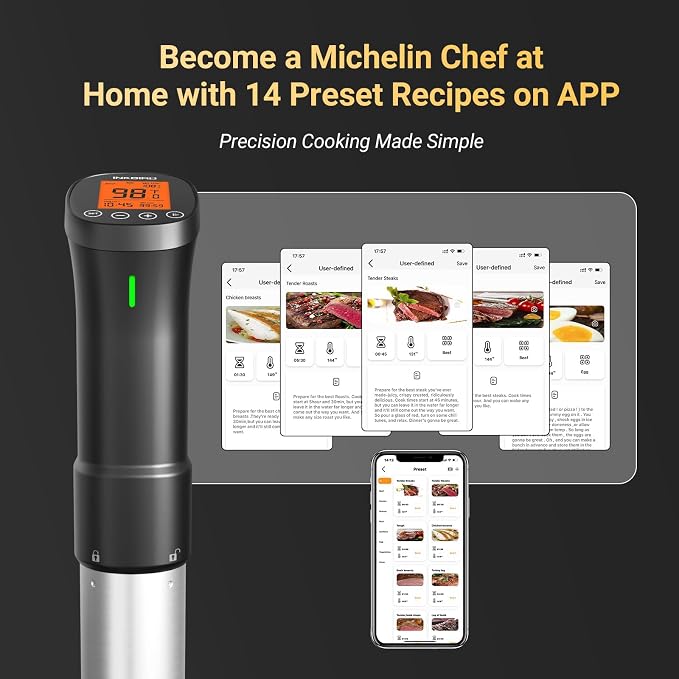 INKBIRD 2.4G Wifi Sous Vide Cooker ISV-200W, 1000W Sous Vide Machine, Remote Control Immersion Circulator with APP Recipes Timer Alarm Mobile Notification 3D Water Heating Ultra-Quiet
