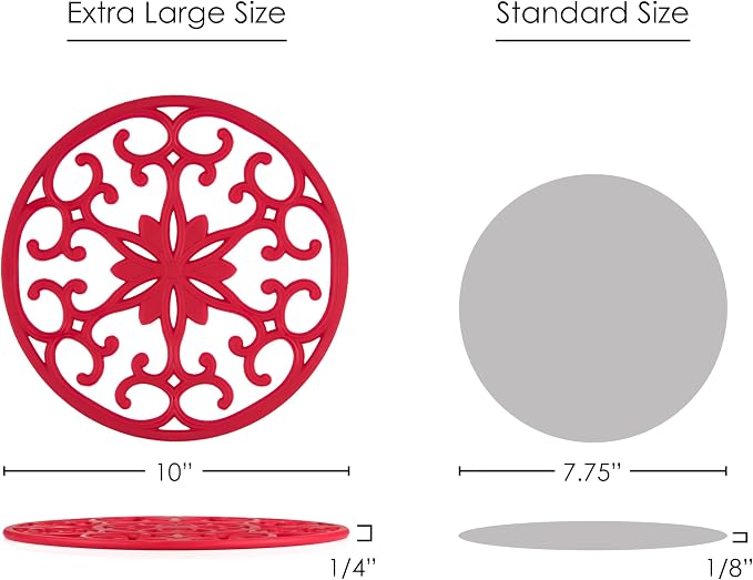 GASARÉ, Extra Large, Thick, 10" Silicone Trivets for Hot Dishes, Pots, and Pans, Hot Pads for Countertops, Flexible, Dishwasher Safe, 10 x ¼ Inches, Set of 3, Red