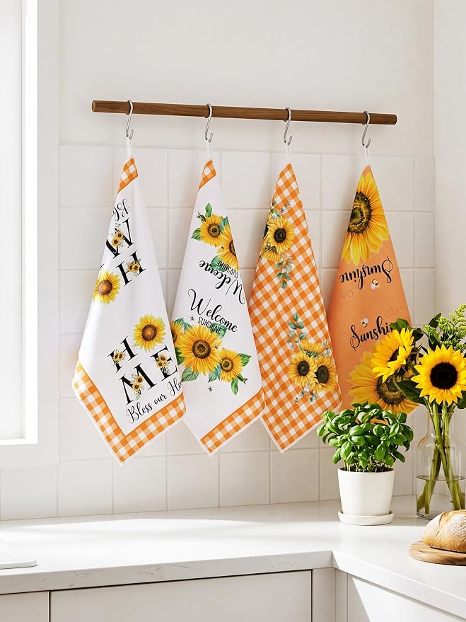 4 Pcs Sunflower Kitchen Towels Burnt Orange Hand Dish Towels Gift | Absorbent Sunshine Grid Fast Drying Tea Dishcloth Housewarming Gift for Cooking Bathroom Kitchen Decor