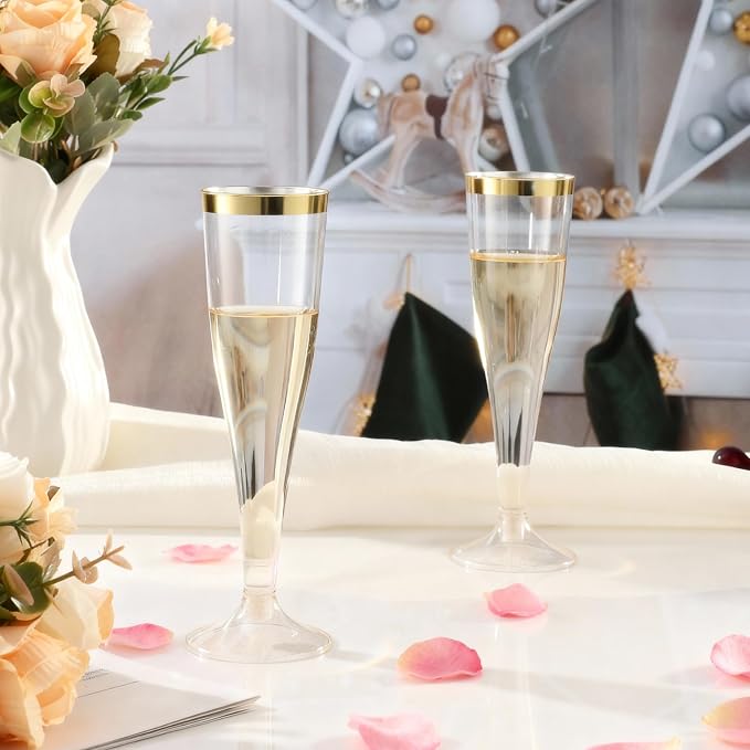 Bestluck 100 Pack 4.5 oz Champagne Flutes Plastic with Gold Rim | Disposable Champagne Flutes, Clear Plastic Disposable Stemware for Party, Mimosa Bar, Wedding, Anniversary and Graduation