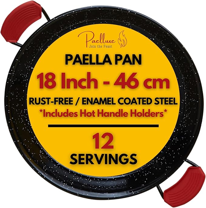 Paelluxe Paella Pan Enameled No-Rust Steel Skillet - 18 Inch, 12 Servings | Outdoor Propane Burner Only - Too Wide for Kitchen Stoves & Ovens. 1.2mm Carbon Steel, Easy-Clean Enamel, Handle Holders