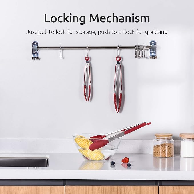 U-Taste Kitchen Tongs for Cooking, 600ºF Heat-Resistant Silicone, 3Pcs/Red | Tong Utensils Set 7/9/12in, Salad/Grill/BBQ Plastic Tongs for Food Serving, Rubber Thong with 18/8 Stainless Steel Handle