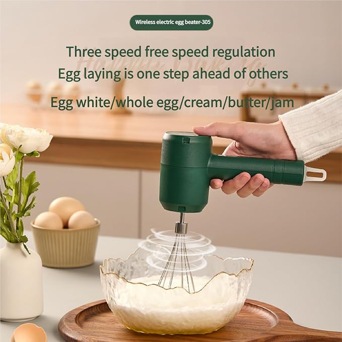 Cordless Hand Mixer, USB Rechargeable Electric Hand Mixer with 3 Speeds, Detachable Stainless Steel Whisks, Compact Egg Beater for Baking, Batter, Whipped Cream - Stress-Free Sage Green