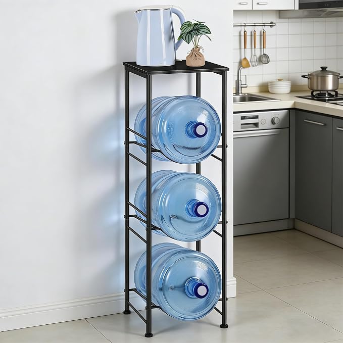 OYEAL Water Jug Holder Stand 5 Gallon Water Bottle Holder Organizer with Shelf, Heavy Duty 3 Tier Water Bottle Storage Rack for Kitchen, Office, Living Room, Black