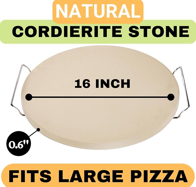 16 inch Baking Stone For Oven - Round Pizza Stone with Handles and Dough Tool - Baking Stone for Bread - Pizza Stones for Oven and Grill - Cooking Gifts for Food Lovers