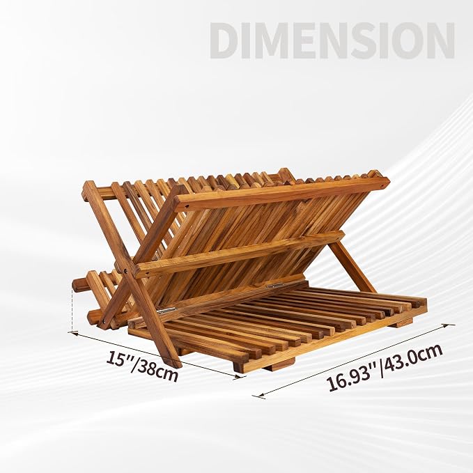 Utoplike Teak Dish Drying Rack Collapsible, Large Dishes Draine 3 Tier | Foldable Large Capacity Dish Draine, Space-Saving Countertop Kitchen Organizer for Plates, Cups