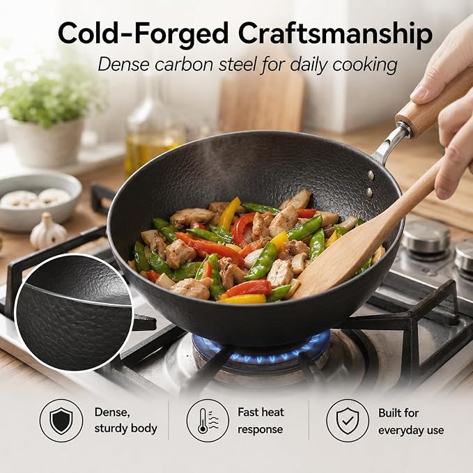 Small Carbon Steel Wok with Lid, 7-Inch 1.5QT Flat Bottom Pan | Uncoated mini wok for ramen, soup and eggs; induction-ready flat bottom design sized for 1-2 servings and everyday meal prep.