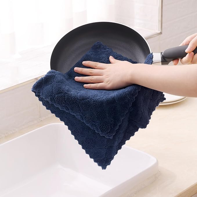 Homaxy 12 Pack Super Soft Absorbent Dish Towels, 10" x 20", Navy Blue | Coral Velvet, Nonstick Oil Fast Drying Microfiber Cleaning Cloth, No Lint Dishcloths for washing and drying