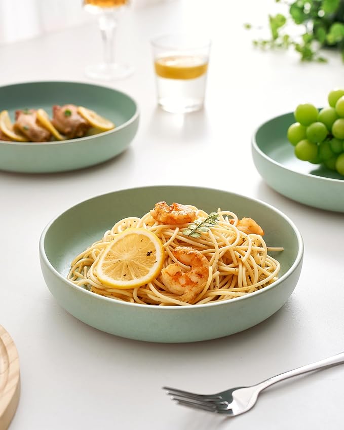 famiware Milkyway 33 oz Pasta Bowls Set of 4, Light Green | Double Reactive Glaze, Scratch-Resistant Stoneware Salad Bowls, Stackable, Dishwasher & Microwave Safe, Lead-Free