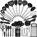 Umite Chef Thickened Kitchen Utensils Set- Silicone Cooking Utensils Set for Nonstick Cookware-Silicone Spatulas Set, Heavy Duty Stainless Steel Handle-Black Kitchen Gadgets Tools Set