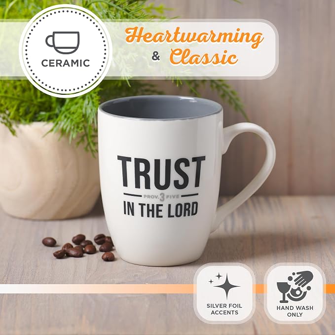 Christian Art Gifts Inspirational Ceramic Coffee & Tea Mug for Men & Women: Trust in the Lord Encouraging Bible Verse Proverb, Lead-free Novelty Drinkware w/Silver Foil, White & Dark Gray, 12 oz.