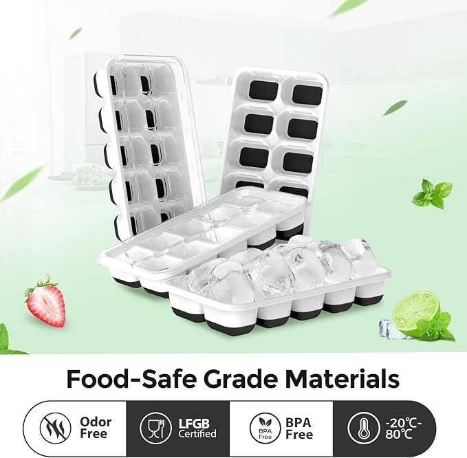 DOQAUS Ice Cube Tray with Lids, 4 Pack Silicone Ice Trays for Freezer | Stackable BPA & LFGB Safe, Easy Release for Kitchen, RV, Cocktail, Coffee, Soup & Food