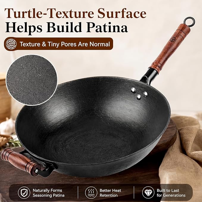 WANGYUANJI 12.6 Inch Cast Iron Wok with Wooden Lid, Handcrafted Flat Bottom Chinese Stir Fry Pan, Uncoated Heavy-Duty Iron Wok for Induction, Gas, Electric & Ceramic Stoves | Uncoated cast iron wok with wood lid for induction, gas and electric stoves; ...
