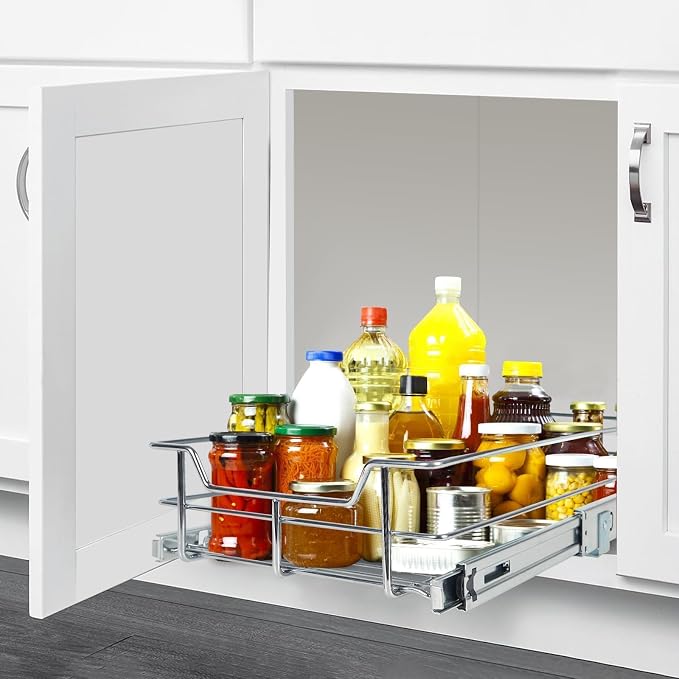 Pull Out Cabinet Organizer 11" W X 17" D, Chromed, Full Slide Out Drawers | For Kitchen Organizers and Storage, Pull Out Drawers For Cabinets Capacity Heavy Duty Caddy, Cabinet Shelves, Bathroom Pantry