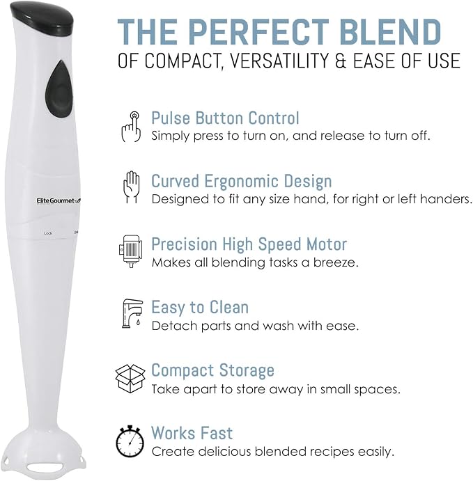 Elite Gourmet EHB-2425X Immersion Hand Blender, 1-Touch, 150W, White | Doubles as a mixer and chopper for soups, sauces, and baby food