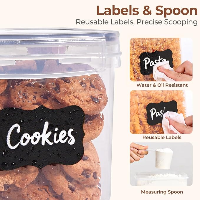 ComSaf Airtight Food Storage Containers with Lids 7size 11Pack, Stackable | Plastic Canister, Flour Sugar Cereal Pasta Rice Oats Coffee Snacks Dry Food, Pantry Kitchen, Label & Scoop, BPA-free, Clear