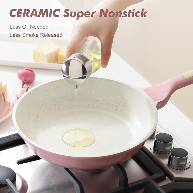 SENSARTE 12.5In Nonstick Ceramic Frying Pan with Lid, PFAS/PTFE Free, Pink | Ceramic Omelette Pan Skillet, Healthy Non-toxic Chef's Pan, Induction Compatible Pan, Heat Resistant Handle