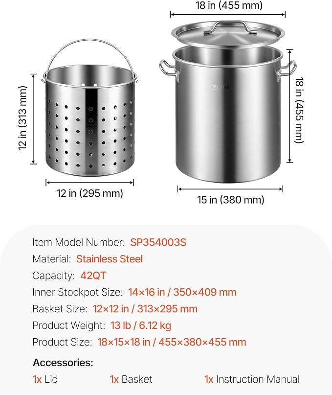VEVOR Stainless Steel Stockpot, 42 Quart Large Cooking Pots, Cookware Sauce Pot with Strainer, Lid, and Handle, Heavy Duty Commercial Grade Stock Pot, Sanding Treatment, for Large Groups Events Silver