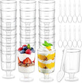 mwellewm 120 Pcs Dessert Cups with Spoons 60 Pcs 4 OZ Mini Clear Plastic Dessert Parfait Cup 60 Pc Spoons for Party Small Round Serving Goblet Wine Shot Disposable Mousse Pudding Appetizer Bowl