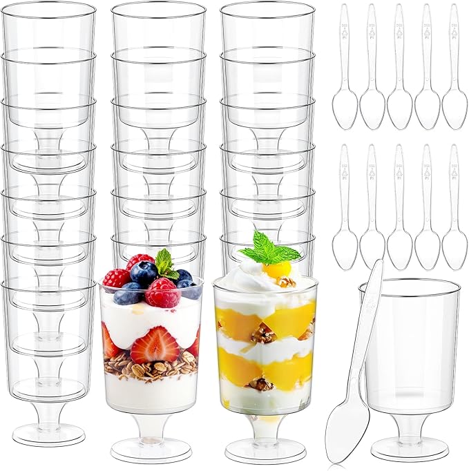 mwellewm 120 Pcs Dessert Cups with Spoons 60 Pcs 4 OZ Mini Clear Plastic Dessert Parfait Cup 60 Pc Spoons for Party Small Round Serving Goblet Wine Shot Disposable Mousse Pudding Appetizer Bowl