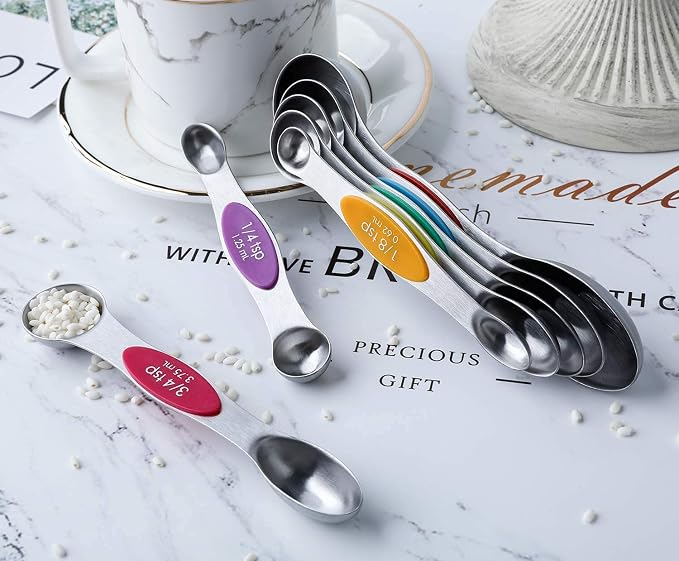 Magnetic Measuring Spoons Set Stainless Steel DualSided Metal Measure Spoon | Stackable Teaspoon Tablespoon for Measuring Dry and Liquid Ingredients, Fits in Spice Jar