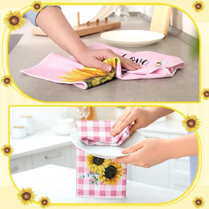 4 Pcs Sunflower Kitchen Towels Pink White Hand Dish Towels Gifts | Absorbent Sunshine Grid Fast Drying Decor Housewarming Gift for Cooking Bathroom Kitchen Decor