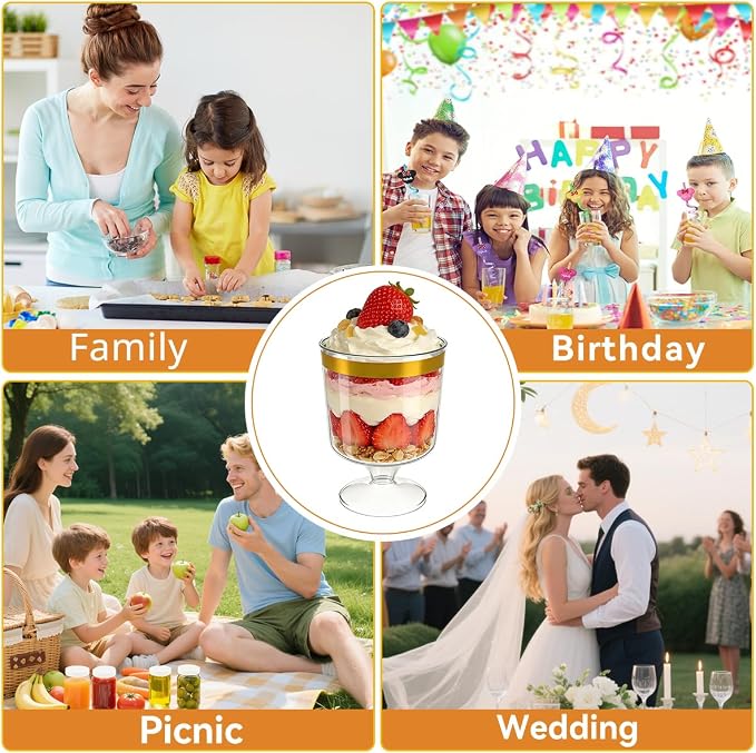120Pcs Dessert Cups with Golden Spoon,5Oz Clear Plastic Parfait Cups,Mini Appetizer Cups Disposable Shooter Cups for Pudding Ice Cream Mousse Cake Birthday Party Events Supplies