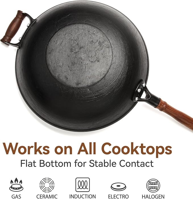 WANGYUANJI Cast Iron Wok Pan with Lid, 14.2 Inch Large Flat Bottom Uncoated Stir Fry Skillet, Heavy Duty Chinese Iron Pot for 4-6 People, Detachable Walnut Handle, Induction & Gas Safe