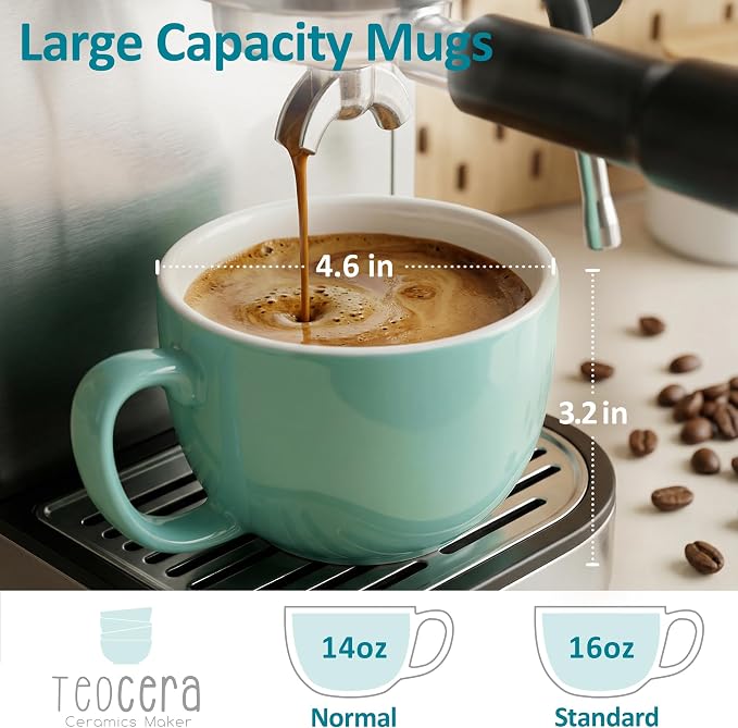 Teocera 16oz Large Coffee Mugs Set of 4 - Thick Mint Green Porcelain Cups for Cappuccino, Latte, Tea & Hot Chocolate - Dishwasher Safe Ceramic with Comfort Grip Handles