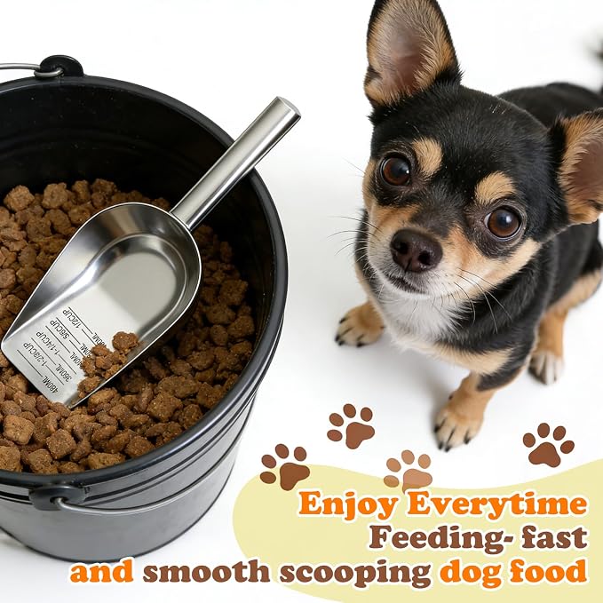 Dog Food Scoop Stainless Steel with Long Handle, Precise Measuring Cups | 1.5, 1 1/4, 1, 3/4, 1/2 Cup, Pet Scoop for Cats, Rabbits, Animals, Metal Spoon for Dog Food Storage (2CUP)
