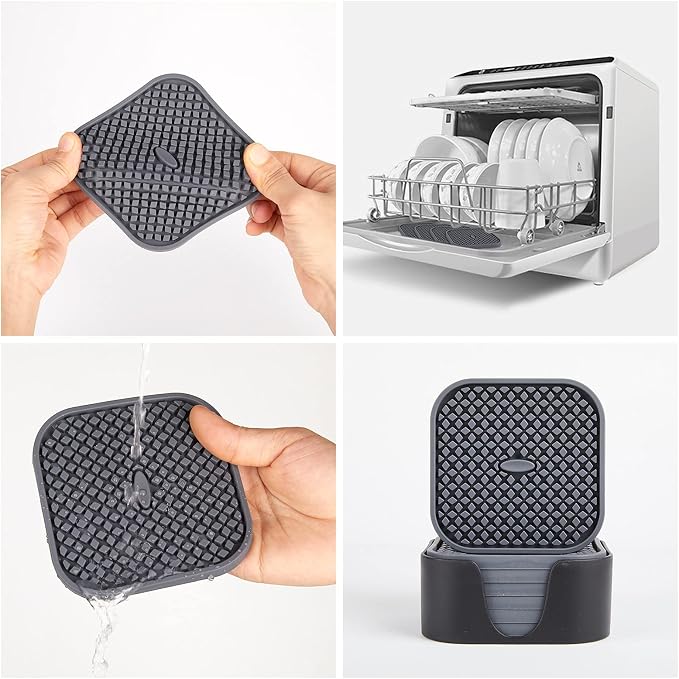 IYYI Silicone Coasters Set of 6, Drink Coasters with Holder, Non-Slip Cup Mat, Deep Tray Absorbent Coaster, Heat Resistant Countertop Protection (Gray-Square)